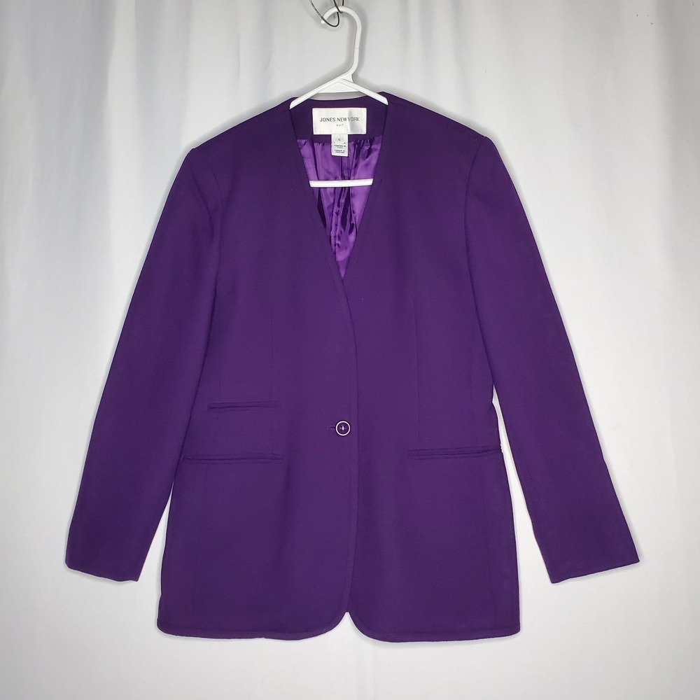 Jones NY Vtg Wool Skirt Suit 4 Bright Purple Classic One-Button Pocket Old Money